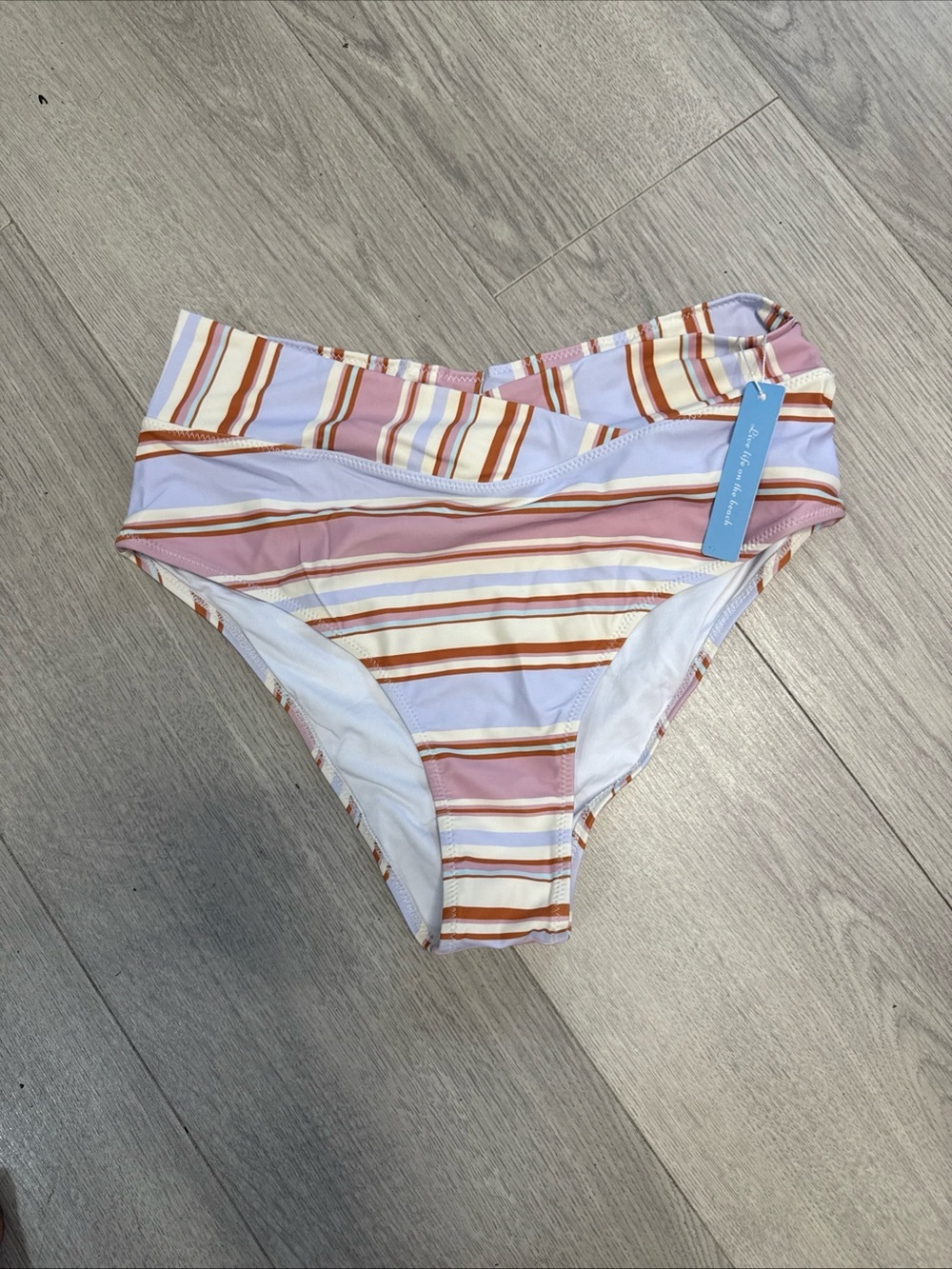 Cupshe Striped High-Waist Bikini Bottoms in‎ Pastel Pink and White